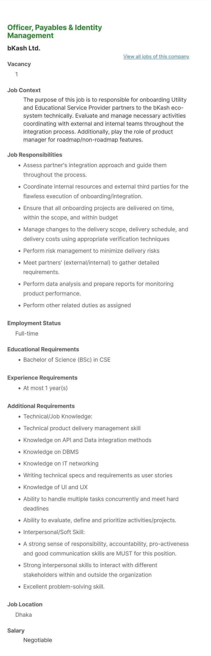BKash Ltd. Job Circular 2021