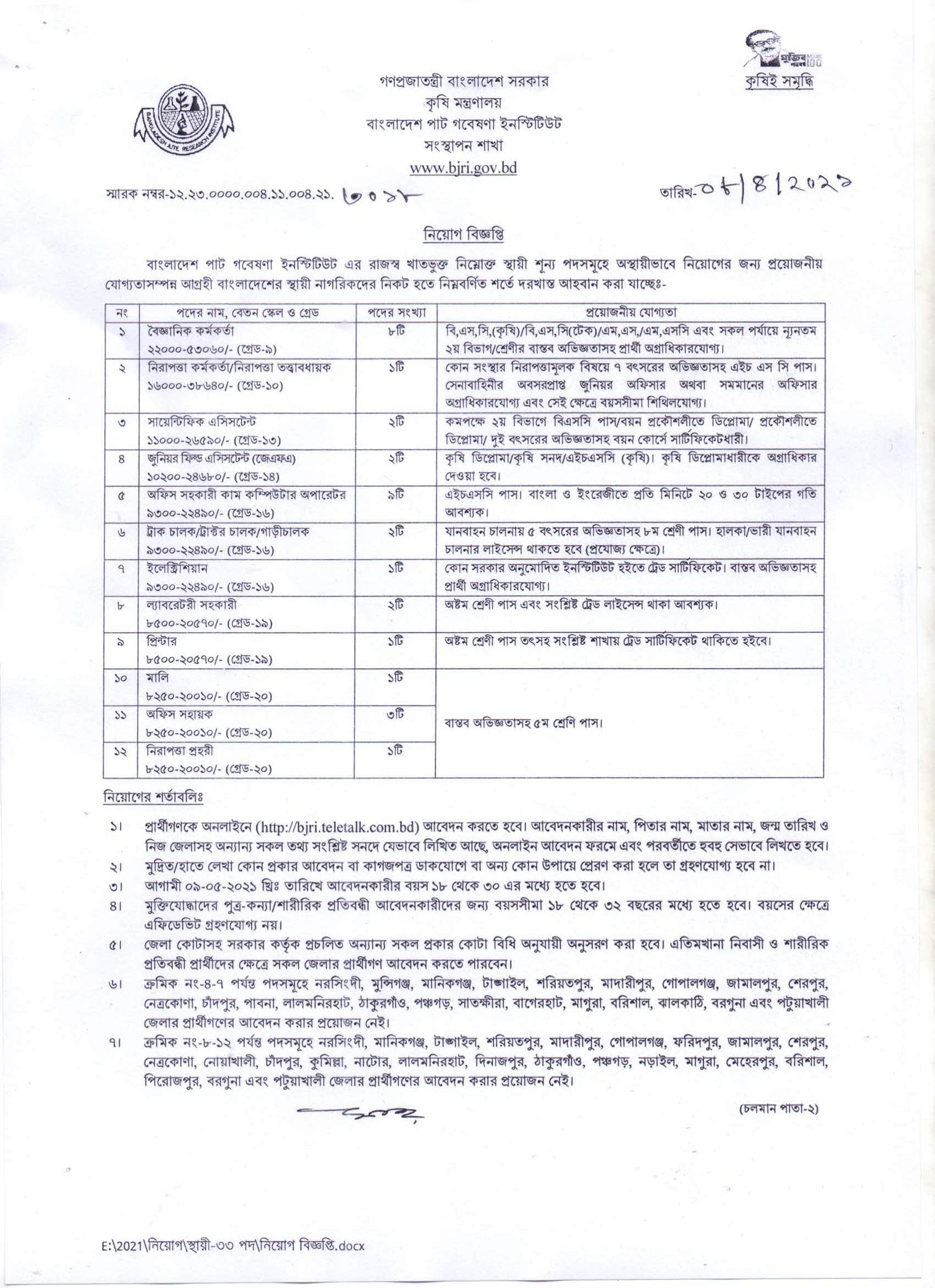 Bangladesh Jute Research Institute BJRI Job Circular 2021 Image & PDF Download