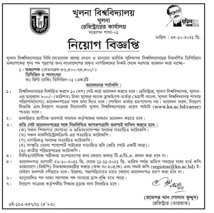 Khulna University Job Circular 2021 Image & Khulna University Job Circular 2021 PDF Download