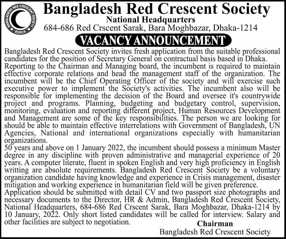 Bangladesh Red Crescent Society job circular 2021