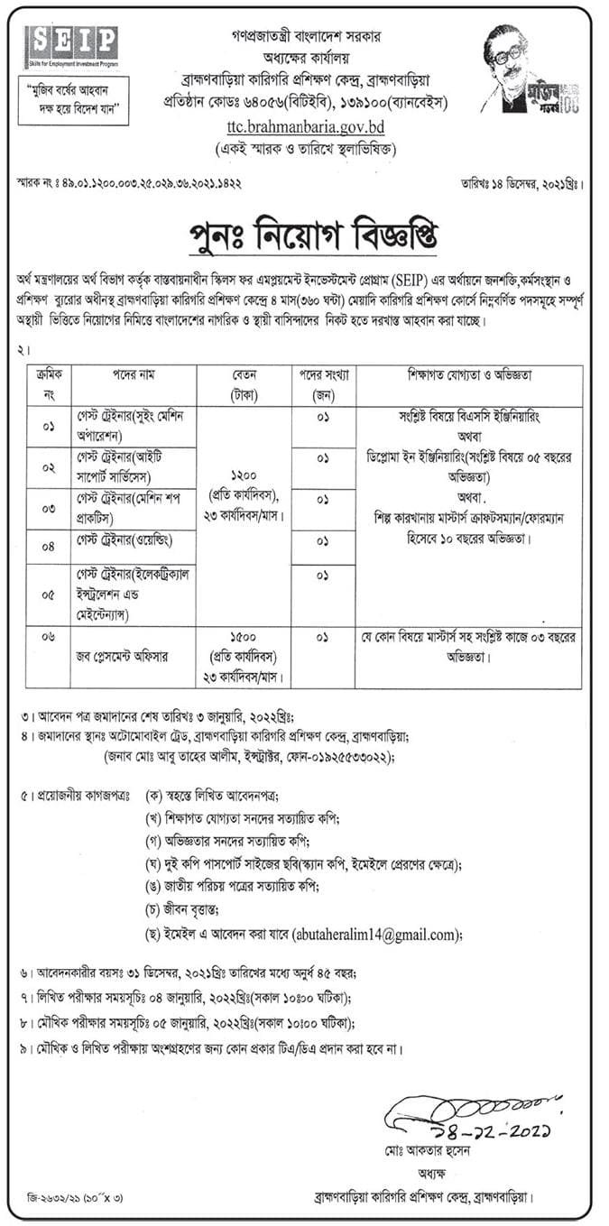 Brahmanbaria TTC Job Circular 2021