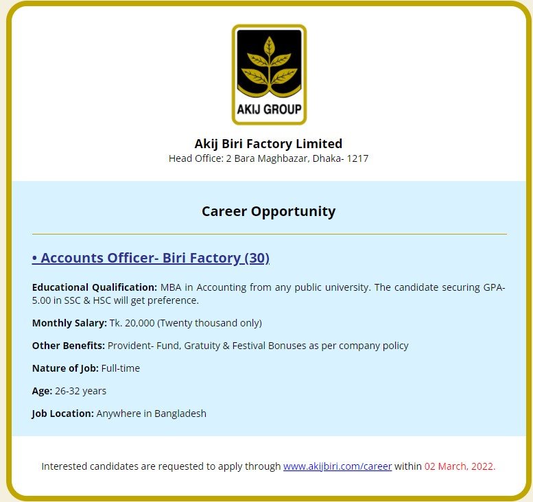 Akij Biri Factory Limited Job Circular 2022 Image & PDF Download