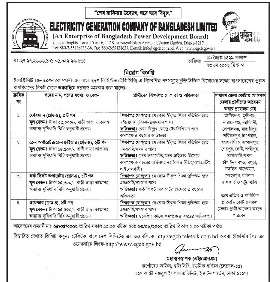 EGCB Job Circular 2022 Official PDF & Image