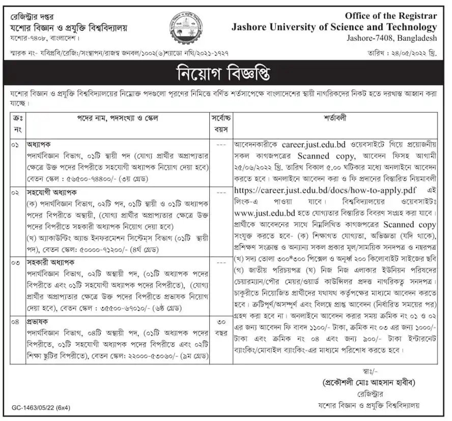 Jessore University of Science and Technology JUST Job Circular 2022 PDF & Image Download