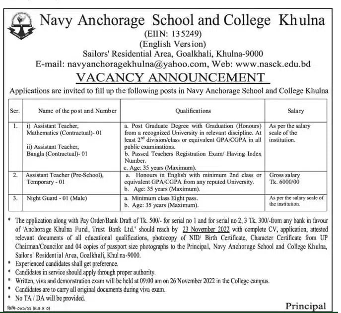 Navy Anchorage School and College Khulna Job Circular 2022