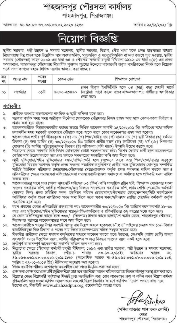 Shahjadpur Municipality Job Circular 2021